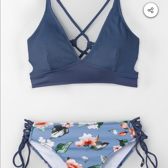 Blue And Floral Lace-Up Bikini - Picture 3 of 4